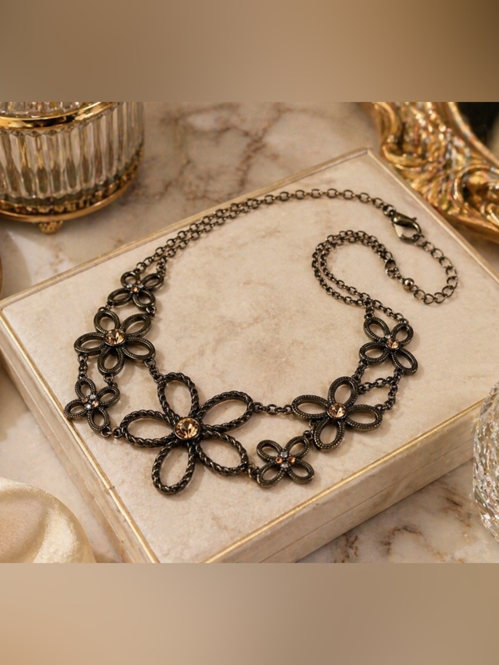 Nina Ricci Floral Statement Necklace | Gunmetal Rhinestone Crystal w/ Extender